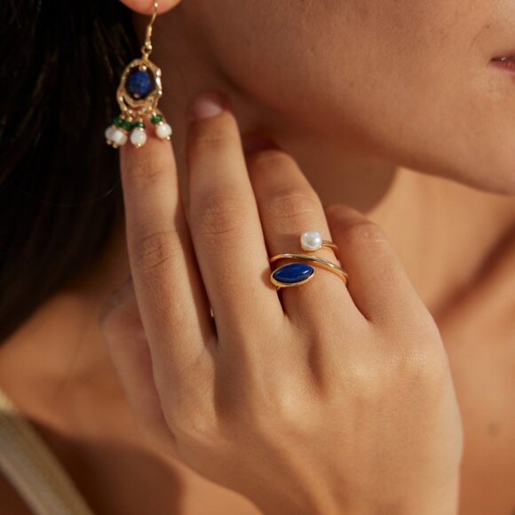 ✨ Artisan Original Lapis Lazuli & Pearl Bypass Ring | S925 Gold Adjustable - Picture 2 of 8